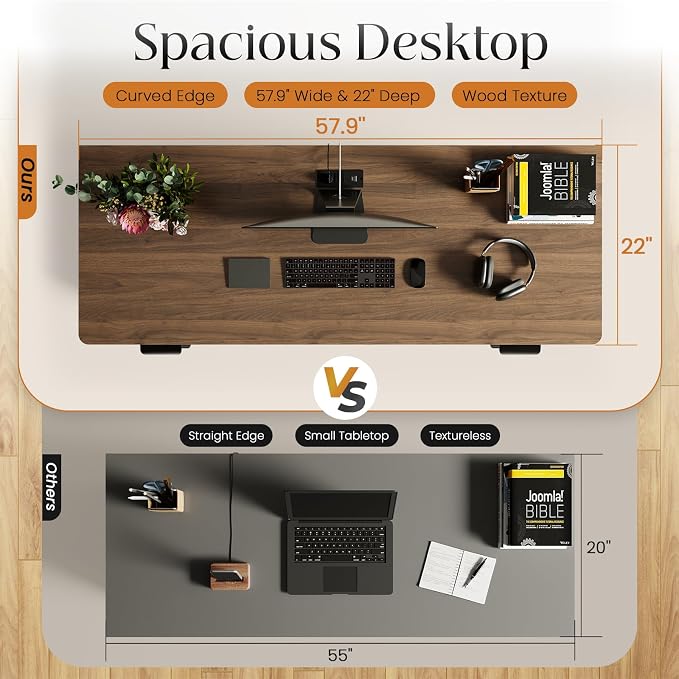 58" Fluted Home Office Desks with Storage, Modern Executive Desk Computer Desks with 5 Drawers & Cabinet, Wood Work Desk File Drawer for Office, Bedroom, Study, Living Room, Walnut