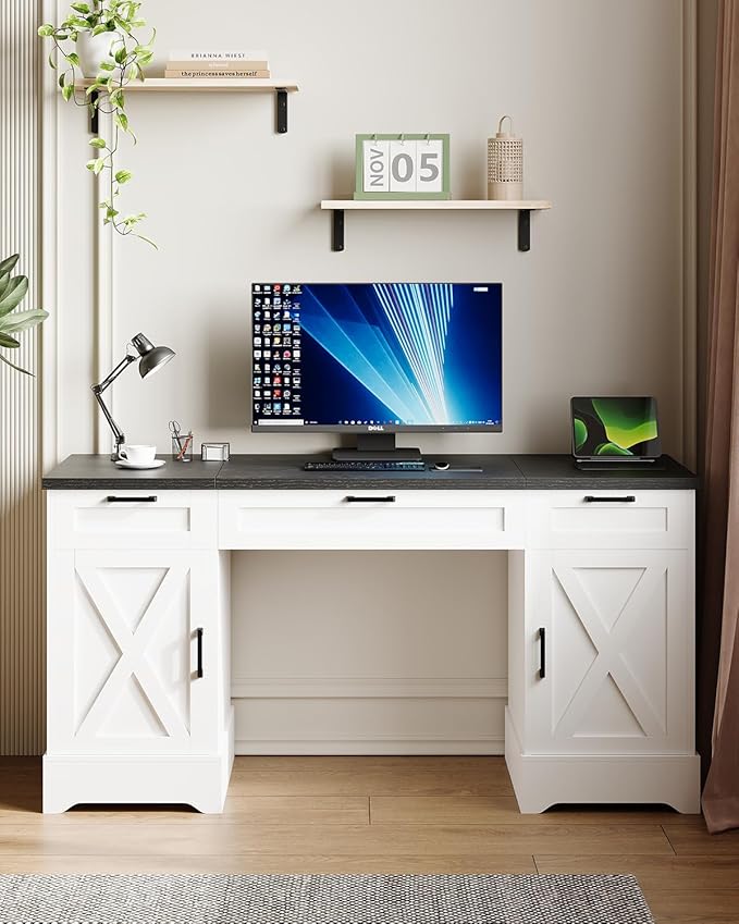 HOPUBUY Farmhouse Executive Desk with File Drawers,Wood Home Office Desk w/Charging Station,Adjustable Storage Cabinets,White Computer Writing Desk for Work,Study