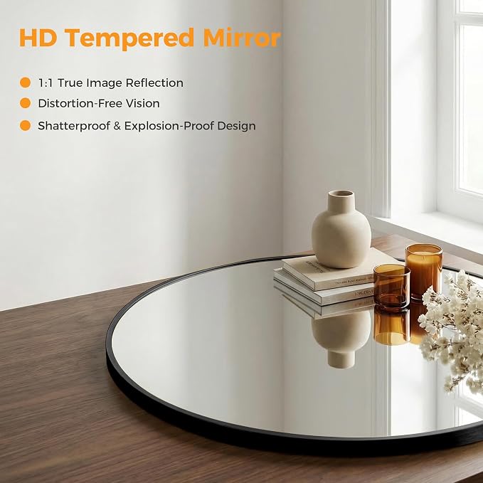 28 Inch Black Round Bathroom Wall Mirror, Round Mirrors for Wall Decor, Circle Mirror for with HD Shatter-Proof Glass for Entryway, Living Room, Bedroom, Dressing Room, Home Decor