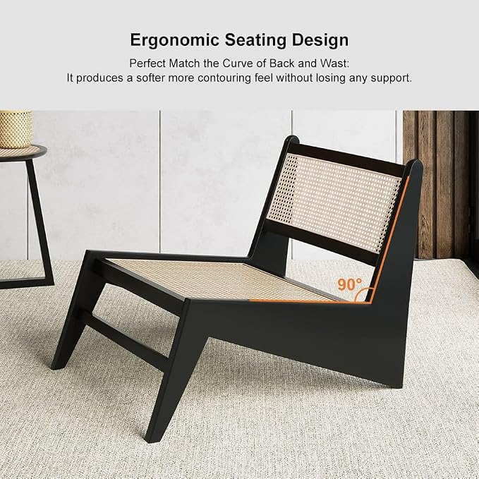 homary Japandi Rattan and Wood Lounge Chairs Mid Century Modern Armless Accent Chair for Living Room Bedroom Balcony & Patio (Black)
