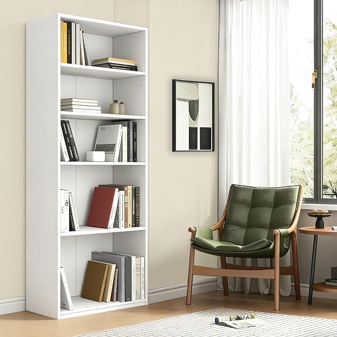 CTESNE【2026 Adjustable Shelves 5-Tier Bookcase, 71 inches, Wooden Open Display Floor Bookshelf (White)