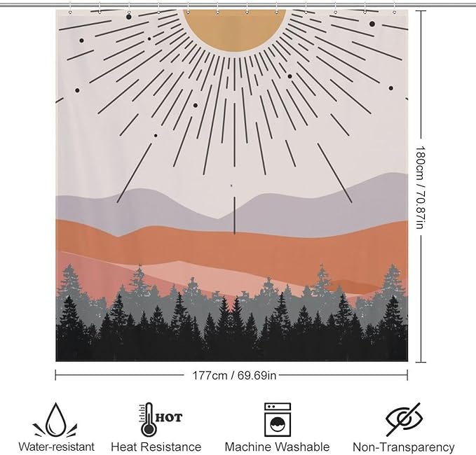 Mid Century Boho Shower Curtain,Abstract Sunset Geometric Mountain Forest Aesthetic Bathroom Curtain Polyester Waterproof Fabric Decor 72x72in（183x183cm）