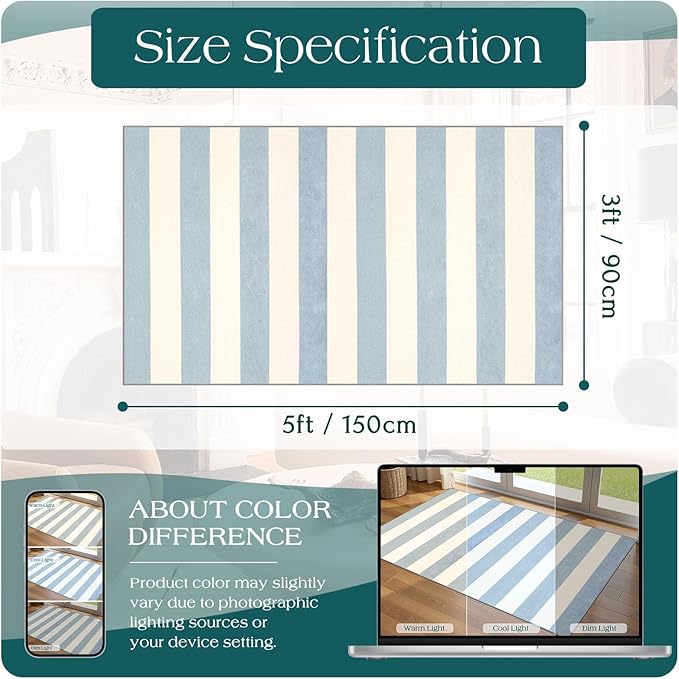 3x5 Entry Rug - Small Washable Indoor Outdoor Mats for Front Door Non-Slip Porch Rug Summer Blue White Coastal Striped Throw Rugs for Bedroom Entryway Kitchen Office Mudroom Front Porch Decor