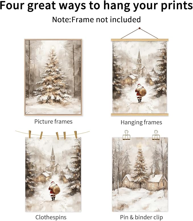 Christmas Wall Art Decor Winter Santa Pictures Vintage Christmas Canvas Poster Snowy Pine Trees Wall Art Xmas Forest Prints Santa Claus Painting Artwork for Bedroom Living Room 16x24x3 Inch Unframed
