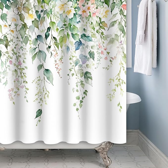 Sage Green Eucalyptus Shower Curtain Watercolor Botanical Floral Leaves Shower Curtain Set Spring Nature Bathroom Decor with 12 Hooks,72x72 Inches