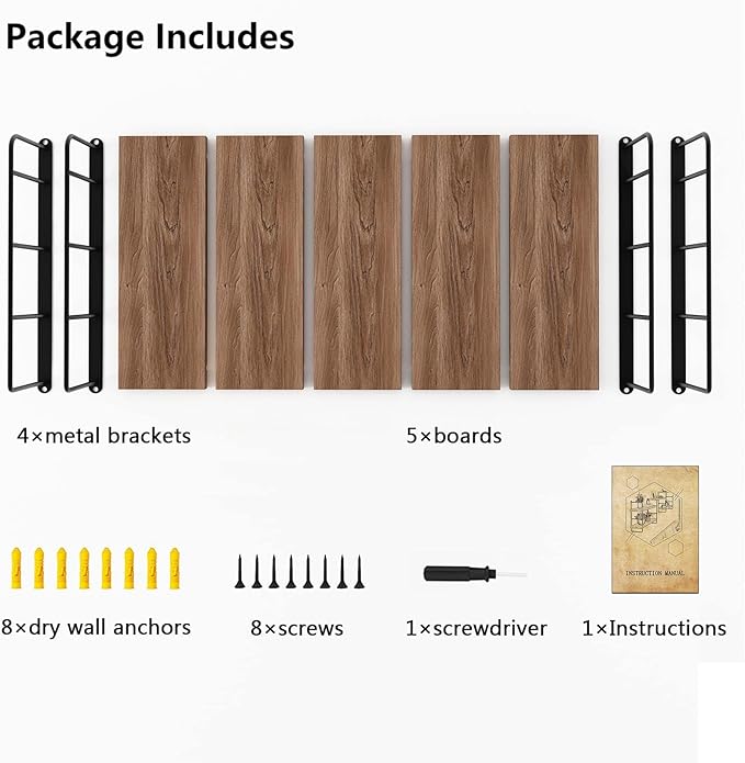 MXCSE Wall Shelves, Wall Mounted Bookshelves, DIY Floating Shelves for Wall, Wood Hanging Book Shelves for Room, Bedroom, Living Room, Easy Installation, 5 Shelves (Brown, 50W x 17H)