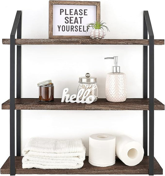 Mkono Floating Wall Shelf 3 Tier 23.5 Inch Rustic Wood Hanging Book Shelf Bathroom Mounted Shelving Storage Display Shelves for Living Room Bedroom Kitchen Office