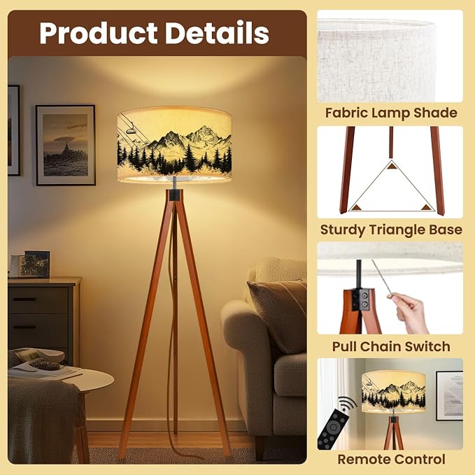 Wood Tripod Floor Lamp for Bedroom, Modern Mountain Ski Lift Sketch Pine Trees Peaks Forest Alpine Scenery Pen Reading Standing Lamp, Mid Century Night Light for Study Room Living Room Office