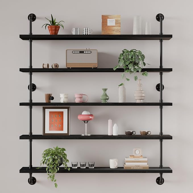HDDFER Floating Shelves for Wall Bookshelf Industrial Pipe Shelving Shelves 48 Inch 5 Tier Natural Wood Planks Rustic Wall Shelves Hanging Bookshelves Farmhouse Kitchen Shelving Black