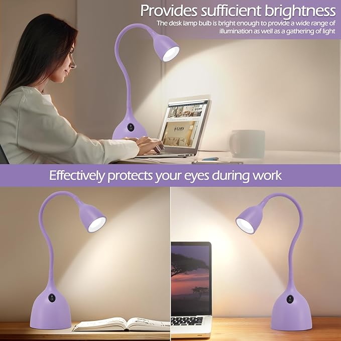 EJIAXIN Gooseneck Desk Lamp 360° LED Flexible Reading Light Small Desk Lamps for Small Spaces Home Office Bedroom College Dorm Desk Bookshelf Nightstand Table Lamp (Purple)