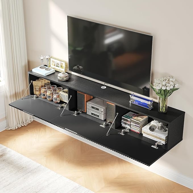 Floating TV Stand with 3 Doors,63IN Wall Mounted TV Cabinet,Slatted Floating Media Console Entertainment Center with Storage,Under TV Shelf for Bedroom Living Room,Black