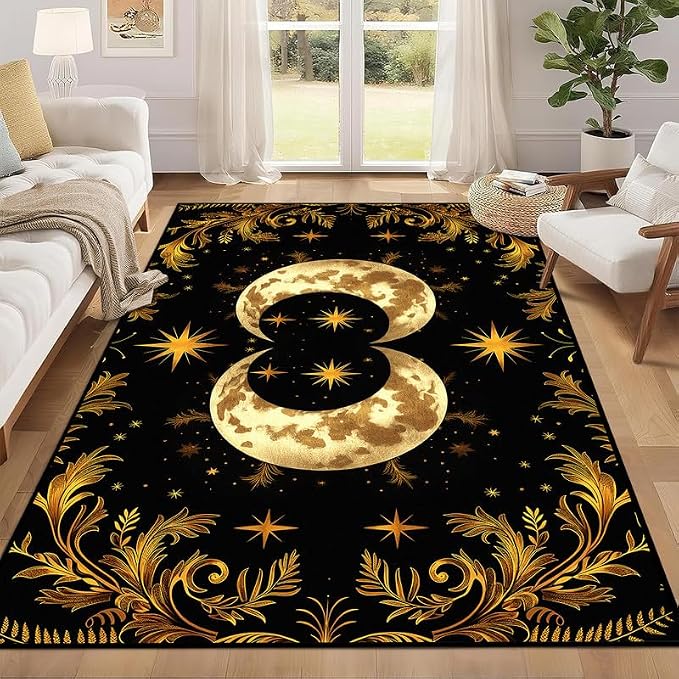 Sun Moon Star Area Rug 6'x9' Golden Boho Carpet Non-Slip Washable Low Pile Floor Mat for Bedroom Living Room Nursery Playroom Classroom Home Decor