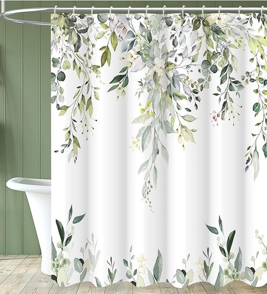Sage Green Eucalyptus Extra Long Shower Curtain, Watercolor Leaves Plant Spring Floral Waterproof Fabric Machine Washable with Hooks for Bathroom Bathtub Decor 72Wx84H