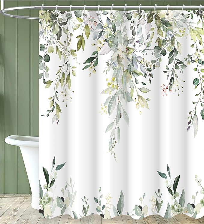 Sage Green Eucalyptus Extra Long Shower Curtain, Watercolor Leaves Plant Spring Floral Waterproof Fabric Machine Washable with Hooks for Bathroom Bathtub Decor 72Wx84H