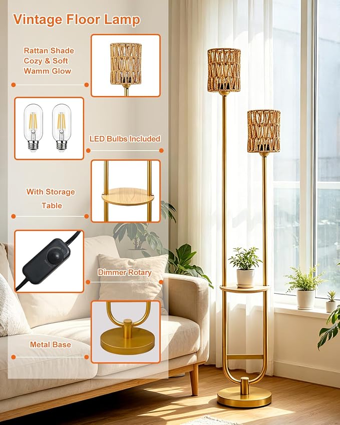 Lightdot 63IN Gold Floor Lamp with Table Mid Century Standing Lamps with Warm White Bulbs Included Unique Vintage Tall Floor Lamp with 5Lbs Heavy Base for Living Room/Party/Sofa Beside/Corner Decor