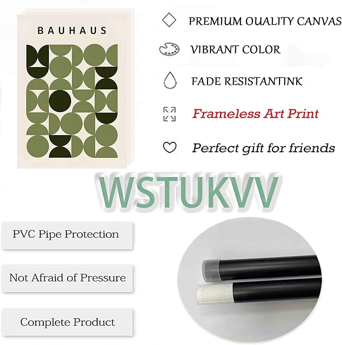 WSTUKVV 3Pcs Bauhaus Mid Century Modern Wall Art Bauhaus 1923 Posters Pictures Green Boho Abstract Geometric Canvas Prints Black Line Paintings for Living Room Bedroom Dining Room Wall Decor Unframed