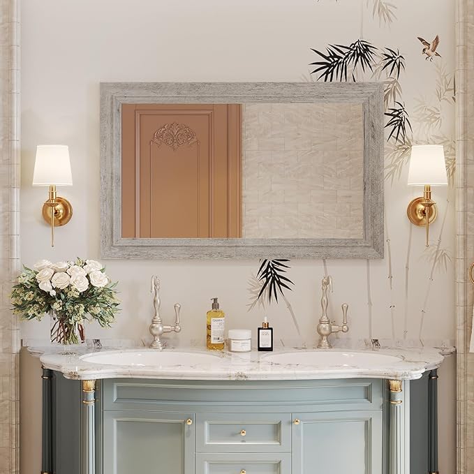 Rustic Wall-Mounted Vanity Mirror, Solid Wood Frame Bathroom Mirror, Farmhouse Style for Living Room, Bedroom, Entryway, Horizontal/Vertical Hanging