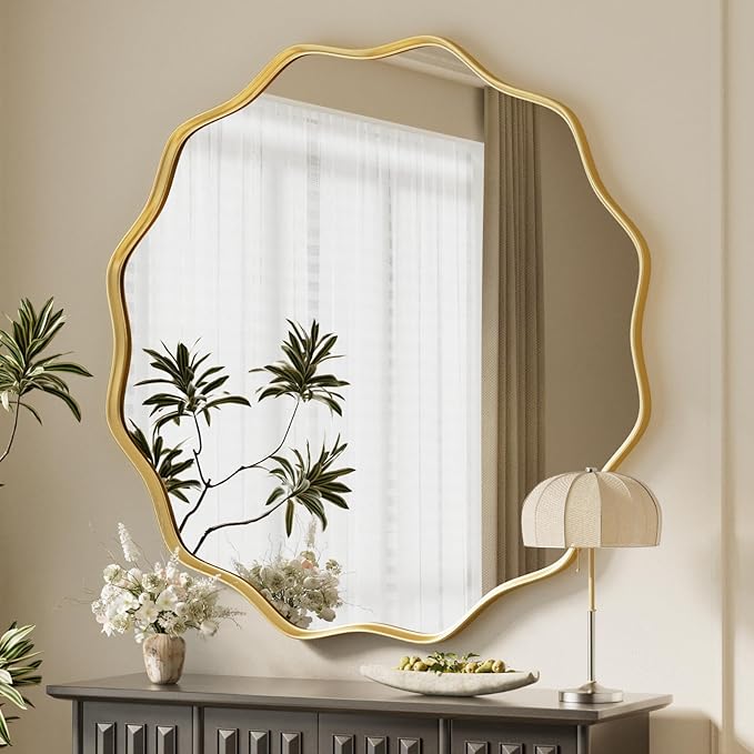 VooBang Gold Scalloped Large Circle Mirror, 42" Wavy Edge Round Wall Mirror with Tempered Glass Textured Circular Metal Deep Frame, Hanging Leaning for Bathroom, Hallway, Entryway, Livng Room