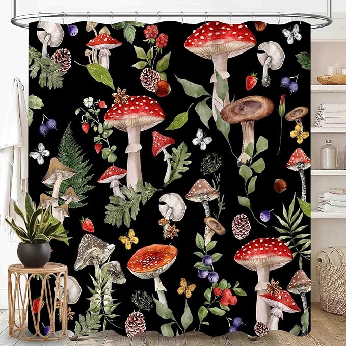 Mushroom Shower Curtain, Farmhouse Country Botanical Mushroom Plants Herbs Rustic Vintage Cottagecore Nature Black Waterproof Fabric Bathroom Shower Curtain Set with Hooks, 72"x72" Inch