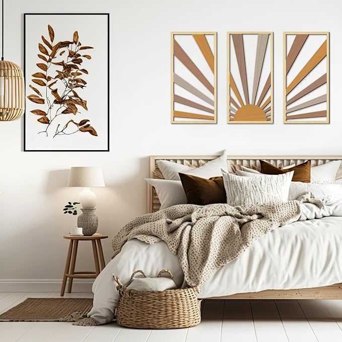 Suzile 3 Pcs Wall Sculptures Wooden Wall Decor Boho Geometric Line Hollow Wall Decor Mid Century Modern Decor Minimalist Geometric Art for Living Room Bathroom Bedroom Office Kitchen (Sunrise)