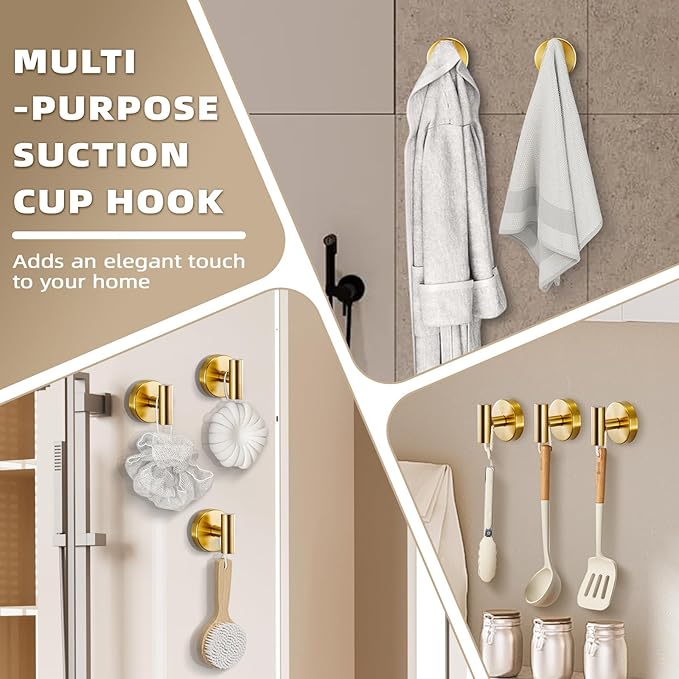 Suction Cup Hooks for Shower - Bathroom Reusable Hooks for Towels, Robes & Loofah - No-Drill Mounting on Kitchen,Walls,Metal,Glass,Mirrors,Tile & Smooth Non-Porous Surfaces (2, Brushed Gold)