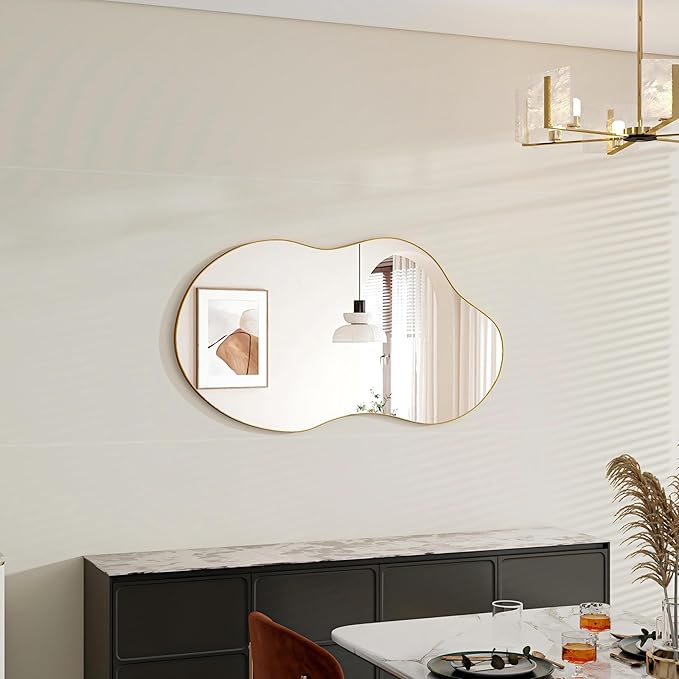 SHYFOY Large Irregular Wall Mirror Decorative, 22"x43" Antique-Gold Mirror for Wall Decor Wavy Accent Mirrors Asymmetrical for Living Room Bathroom Bedroom Entryway