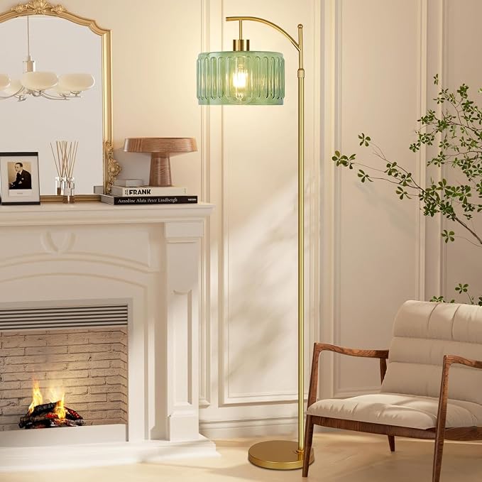 QIYIZM Floor Lamp for Living Room,Bedroom,Gold Dimmable Standing Lamp with Remote,Mid Century Modern Brass Tall Lamp Retro Vintage Glass Lamp Floor Light Boho Bohemian