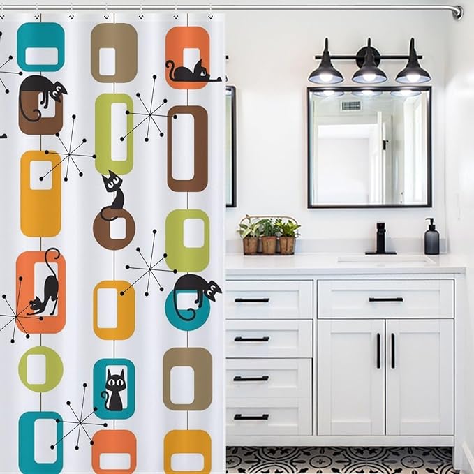 Cats Shower Curtains Mid Century Retro Atomic Black Cat Geometric Abstract Cubes Pattern Duty Fabric Shower Curtain Set Bathroom Polyester Waterproof with 12 Hooks, 66x72Inch（168x183cm）