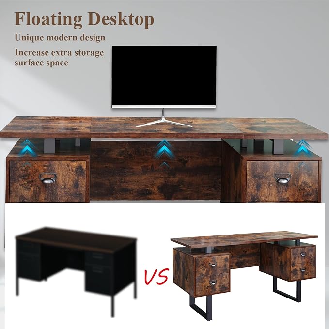 Computer Desk with Drawers 59" L Contemporary Home Office Laptop Desk with Floating Desktop and 4 Storage Drawers Vintage Study Gaming Table with Metal Frame Black & Rustic Brown CTSZ20401RC