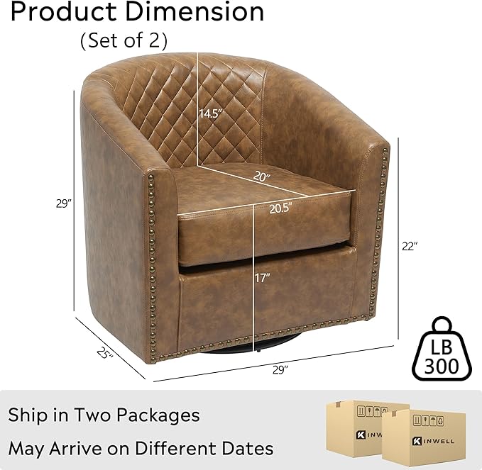 KINWELL 29" Wide Tufted Faux Leather Swivel Barrel Chair Set of 2, PU Leather Modern Upholstered Accent Chairs with Nailhead Trim, Small Armchair for Living Room Bedroom, Coffee