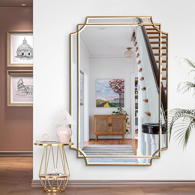 Gold Mirror for Wall, 48" x32" Wooden Framed, Polished Bevelled Rectangle Mirror, Modern Decorative Mirrors for Wall Decor, Irregular Mirror for Living Room, Bathroom, Entryway, Bedroom