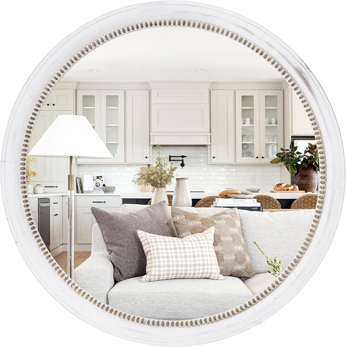 Rustic Farmhouse Mirror,32" White Natural Wooden Circle Wall Mirror,Round Decorative Wall Hanging Mirror with Beads for Bedroom, Living Room or Entryway