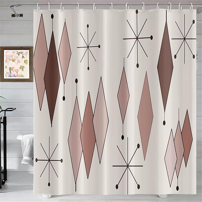 Mid Century Shower Curtain Abstract Light Brown Diamond Geometric Atomic Starburst Pattern Beige Backdrop for 1950s Retro Bathroom Decor Shower Curtain Set with 12 Hooks, 72x78 Inches