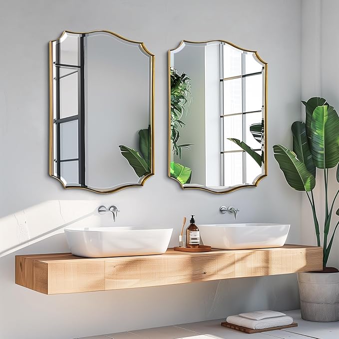 POZINO Gold Bathroom Vanity Mirror, 22"x30" Modern Brushed Mirrors for Over Sink, Unique Rectangle Beveled Mirror for Wall, Brass Scalloped Mirrors for Living Room Bedroom Entryway Fireplace