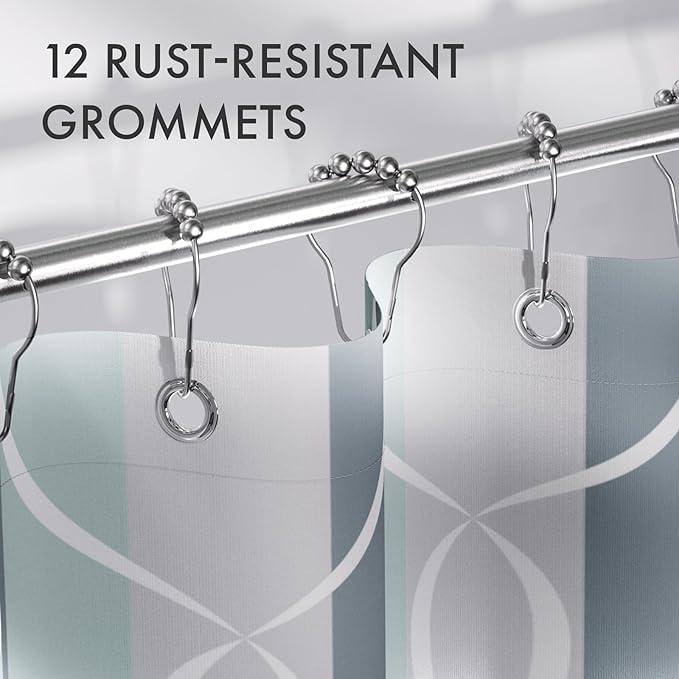 AmazerBath Shower Curtain Sets, Washable Cloth Geometric Green-Grey Stripped Fabric Shower Curtain with 12 Metal Hooks, Luxury Home Farmhouse Polyester Bathroom Decor Shower Curtains, 72x72 Inches