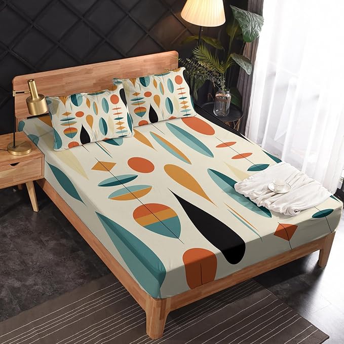 Mid Century Modern Sheets Full Size, Abstract Geometric Bed Sheet Set, Contemporary Bedding Sheet Sets 4 Piece, Soft Microfiber Deep Pocket Fitted Sheet & Flat Sheet & 2 Pillowcases