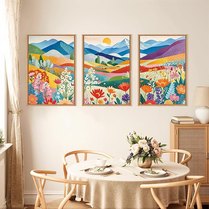 LHIUEM Large Abstract Mountain Flower Framed Canvas Wall Art,Colorful Watercolor Boho Wall Decor,Nature Floral Tree Wall Painting,Bohemian Artwork for Living Room,Bedroom,Dining Room,Office -24"x36"x3