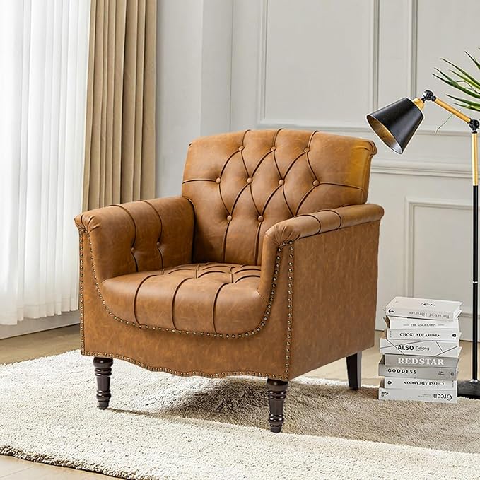 Faux Leather Accent Chair, PU Leather Modern Comfy Upholstered Armchair with Wood Legs & Nailhead Trim for Living Room, Bedroom (Camel,Set of 2)