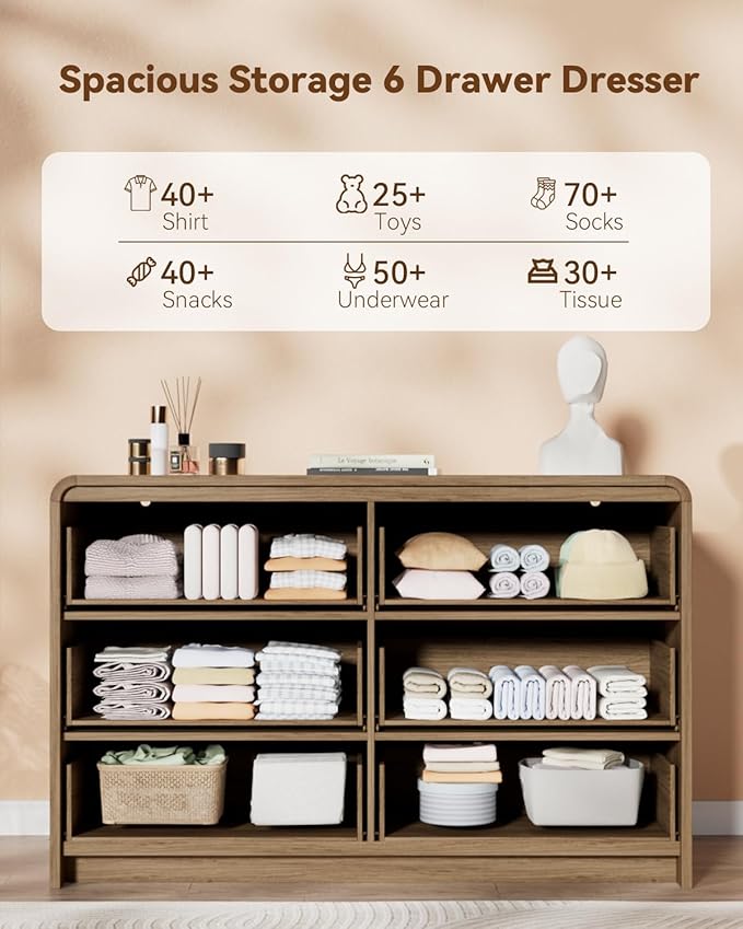 47" Wide Fluted 6 Drawer Dresser for Bedroom, Chest of Drawers with Curved Profile Design, Modern Wood Closet Clothes Storage Organizer for Bedroom, Living Room, Hallway, Walnut