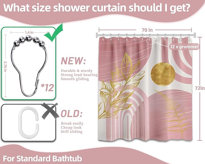 Blush Pink and Gold Shower Curtain Boho Mid Century Light Pink and White Shower Curtains for Bathroom Decor, Waterproof Cloth Fabric with Hooks, 70" W x 72" L