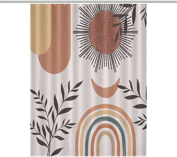 Mid Century Abstract Boho Shower Curtain Orange Vintage Aesthetic Nature Leaf Sun Modern Waterproof Shower Curtains for Bathroom Decor 12 Pack Hooks 55x72in（140x183cm）