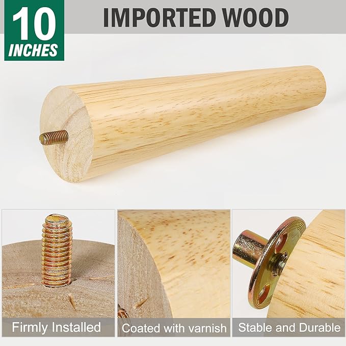 FoDau770 Rubber Wood Furniture Legs 10 Inches, Straight Tapered Wood Feet Mid Century Sofa Legs Set of 4, 5/16" UNC Furniture Feet Replacement Parts for Cabinet Couch Dresser Chair Ottoman Table