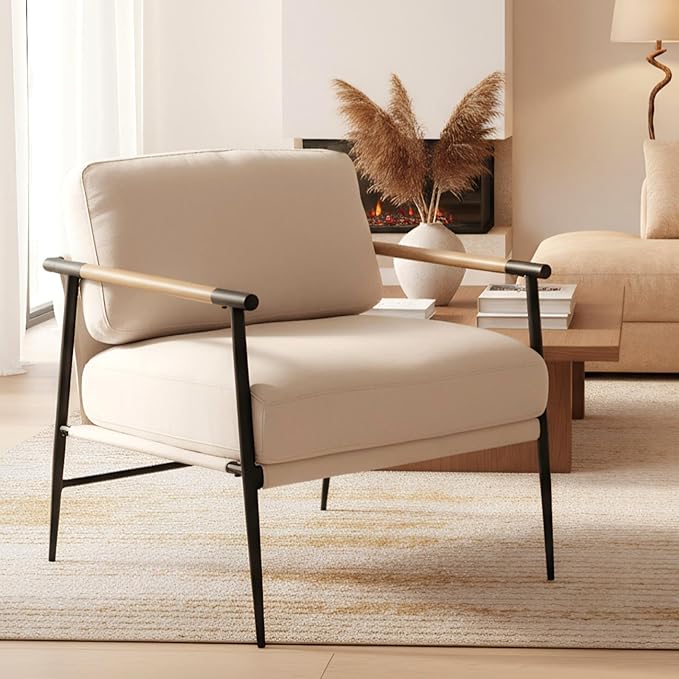 DUOMAY Mid-Century Modern Accent Chair, Soft Linen Upholstered Lounge Reading Chair with Metal Legs Comfy Lightweight Livinig Room Chair Armchair for Home Bedroom, Beige