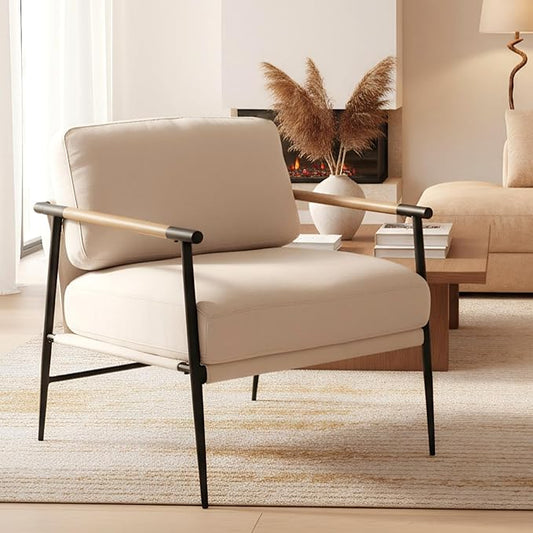 DUOMAY Mid-Century Modern Accent Chair, Soft Linen Upholstered Lounge Reading Chair with Metal Legs Comfy Lightweight Livinig Room Chair Armchair for Home Bedroom, Beige
