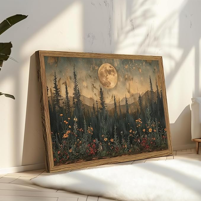 Vintage Nature Forest Wall Art Dark Moon Landscape Painting Wall Decor Woodland Picture Artwork 3D Textured Hand Drawn Sandstone for Farmhouse Bedroom Living Room 24x36 inch Wood Framed