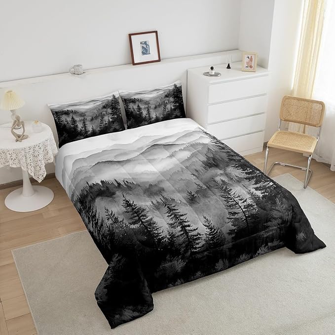 Erosebridal Black White Misty Forest Toddler Bedding Set Jungle Smoky Mountain Comforter Set Nature Foggy Pine Tree Down Comforter for Kids Teens Rustic Nature Woodland Bed Set Bedroom Decor