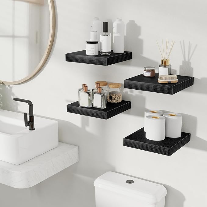 Fun Memories Floating Shelves for Wall, Rustic Wood Wall Mounted Shelves for Bathroom, Bedroom, Living Room & Kitchen, Storage Display Shelves, (Set of 4, Black, 9.3 in)