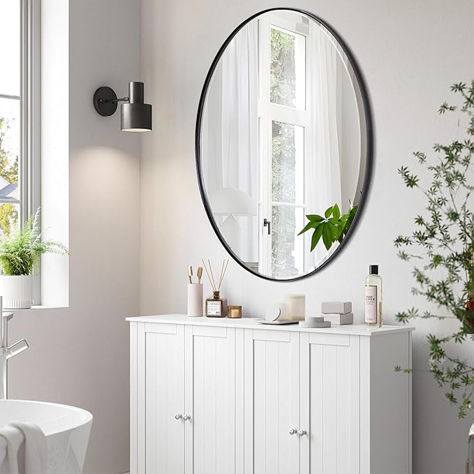 POZINO Oval Beveled Mirror, 24"x36" Bathroom Vanity Mirror for Over Sink, Matte Black Modern Rounded Wall Mirror for Living Room Entryway Bedroom Hallway Fireplace, Hangs Horizontal Or Vertical