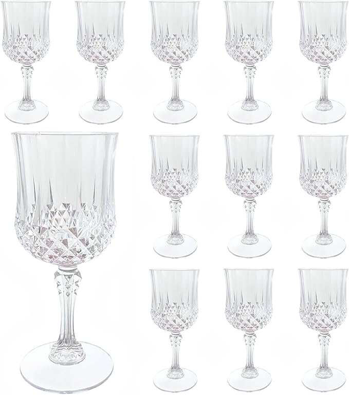 Plastic Wine Glasses, Plastic Goblets Vintage Style Cordial Drinking Glasses for Valentine’s Day, Wedding Reception, Grand Event Party Supplies (12, Transparent)