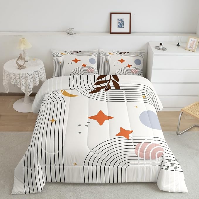 Erosebridal Abstract Red Sun Comforter Set Twin Geometric Lines Bedding Set, Aesthetic Bedding Comforter Sets Vintage Minimalist Duvet, Modern Quilted Comforter Luxury Grey Circle Room Decoration